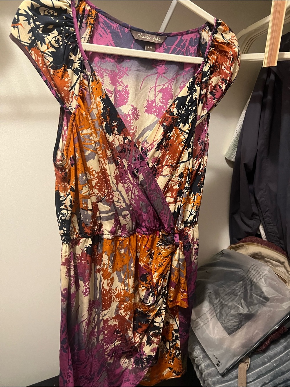 charlie jade Abstract Splash Print Wrap Midi Dress - Purple/Orange/Cream/Black